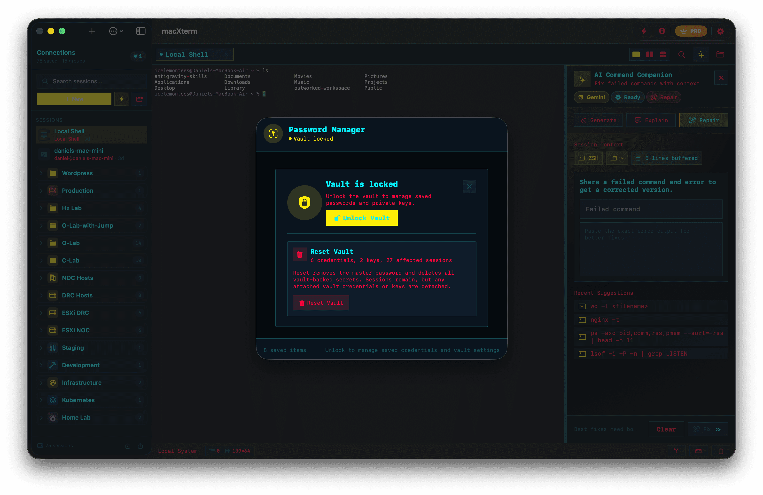 Password manager vault screen in macXterm showing a locked vault and reset controls