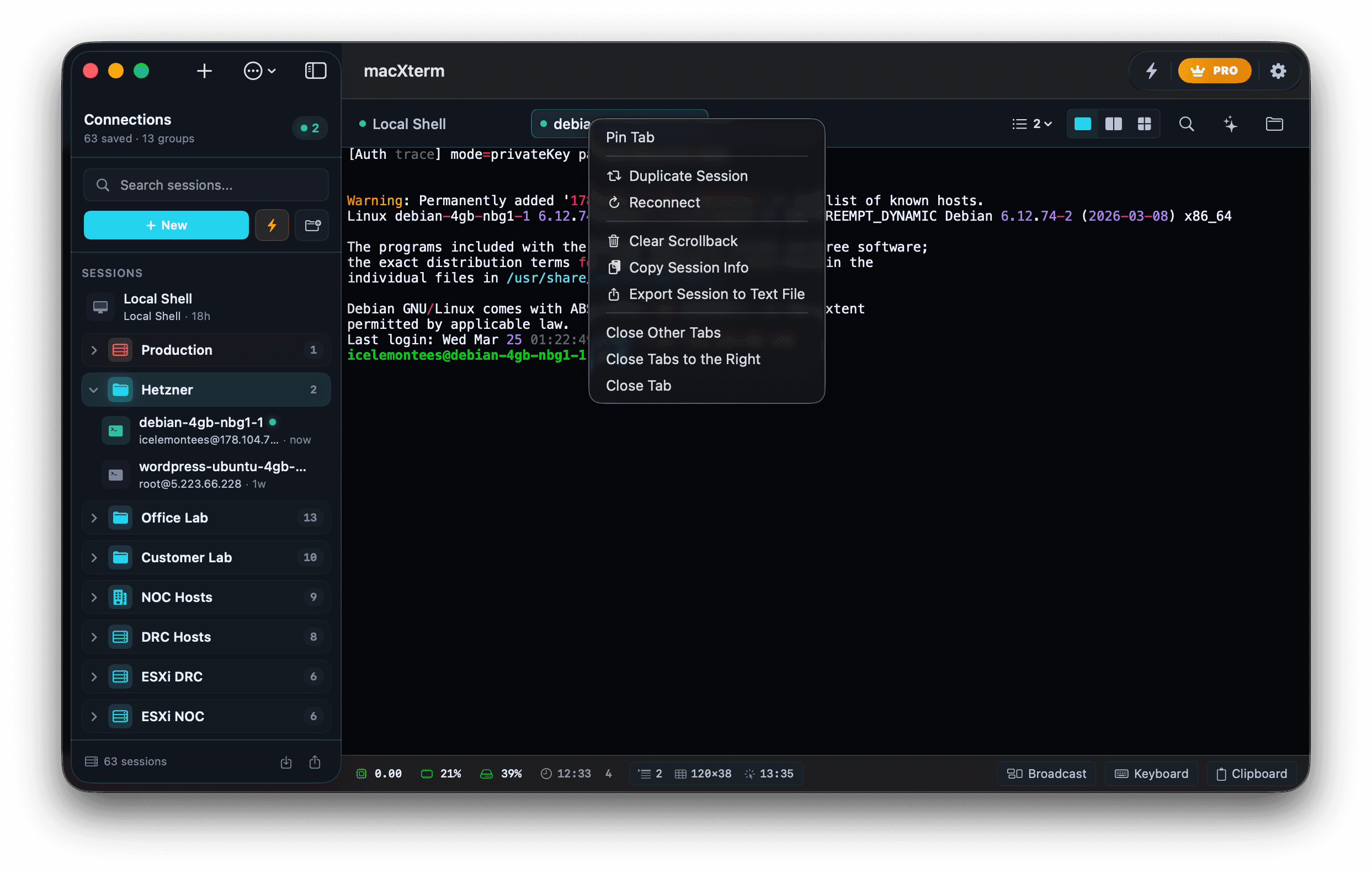 Context menu actions in macXterm
