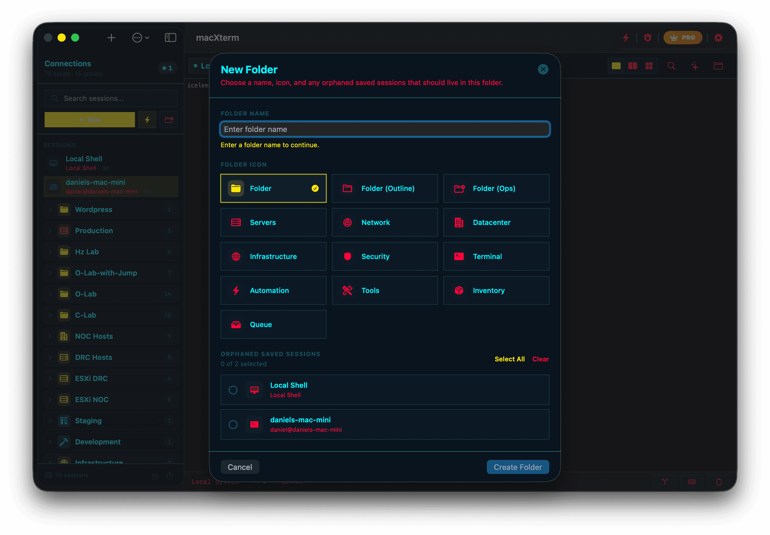 New folder dialog with icon options and orphaned session selection in macXterm