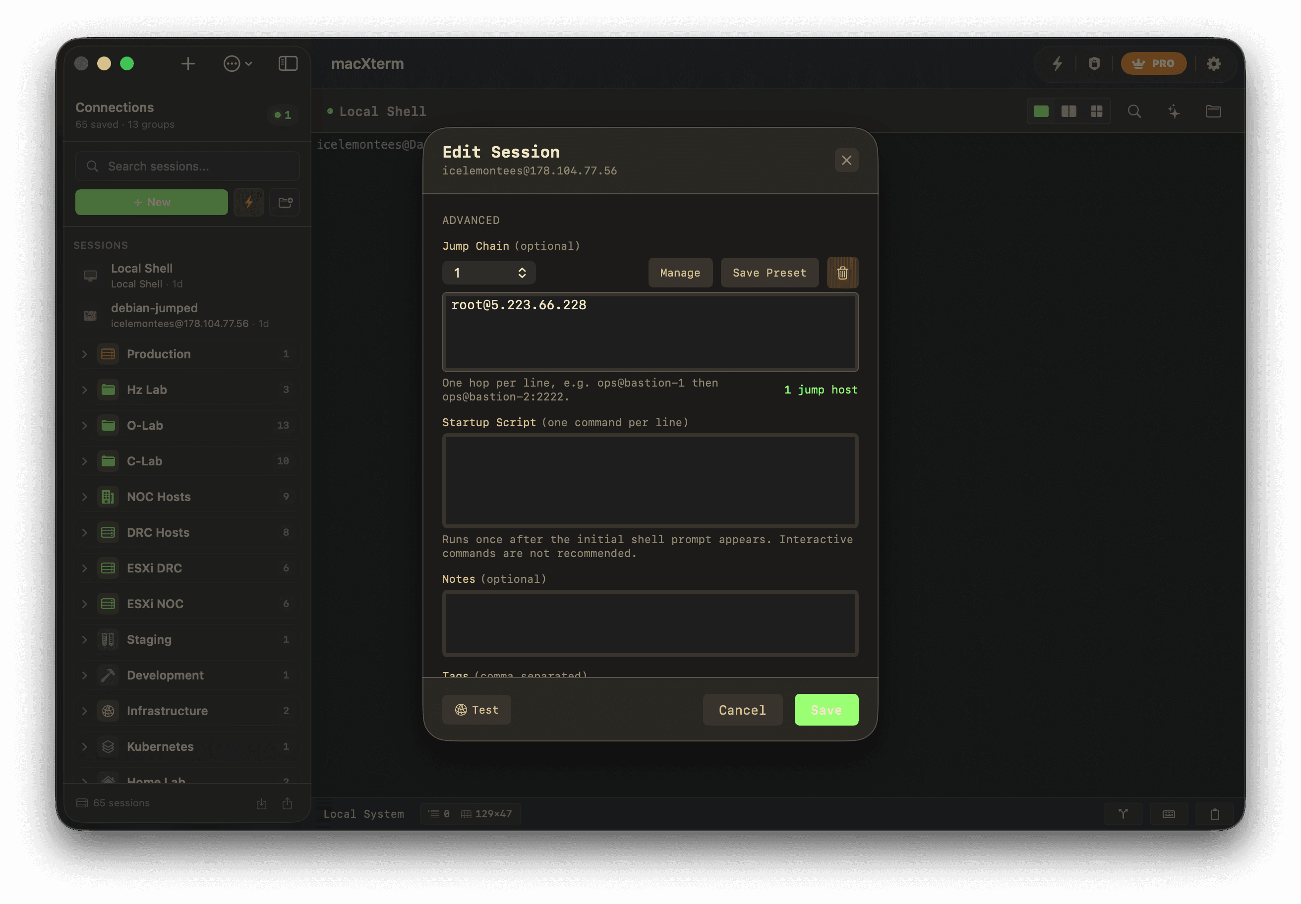 Jump chain configuration in the macXterm session editor