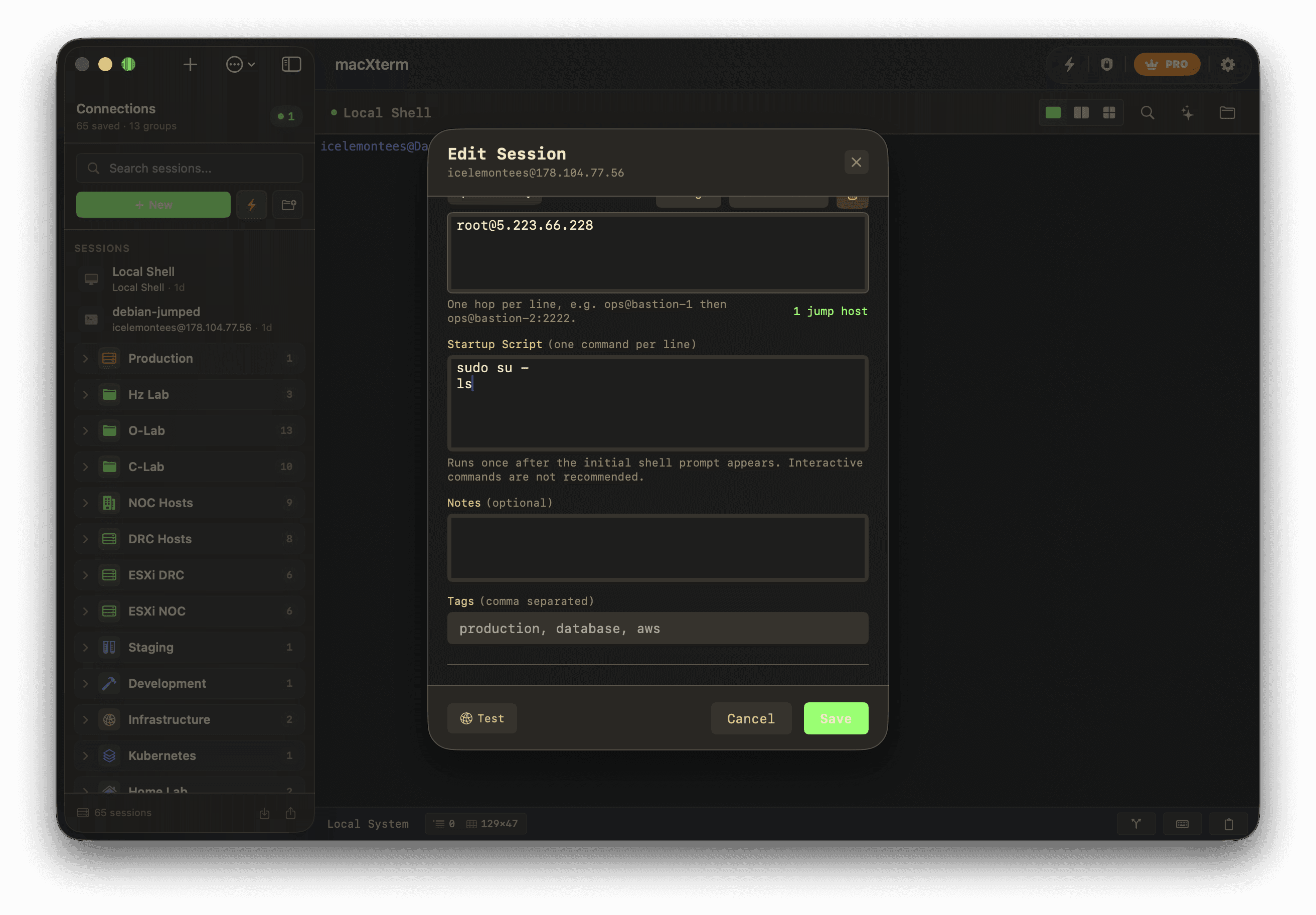 Startup script field in the macXterm session editor